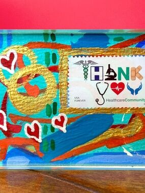 ACEO Original Art Card USA Postage Stamp Abstract Collage  -Healthcare Community